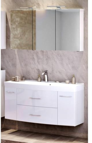 Lomadox Waschtisch Spiegelschrank Badezimmer Set in Hochglanz weiß 120cm Waschtisch & Unterschrank Waschbecken 3D Spiegelschrank & LED-Leuchten Steckdose