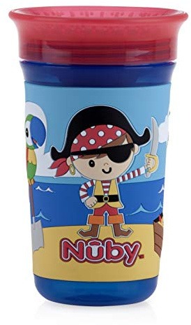 Nuby Tasse Wonder Cup 360 degrés Easy Sip 3D Grip avec manchon en silicone imprimé, pirate, 300 ml