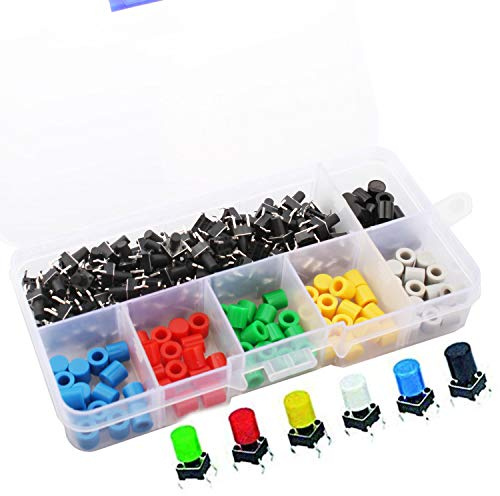 VISSQH 90Pcs Táctil Empujar Interruptor de Botón Micro Momentáneo Conjunto de surtido de tacto micro-momentaneo(6 x 6 mm x9mm 4 pines Gorra de 6 colores) para Arduino DIY PCB