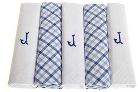 Surf the Shop Pack of 5 Mens Initial Embroidered White Handkerchiefs with Satin Border and Blue Check Handkies, Various Letters