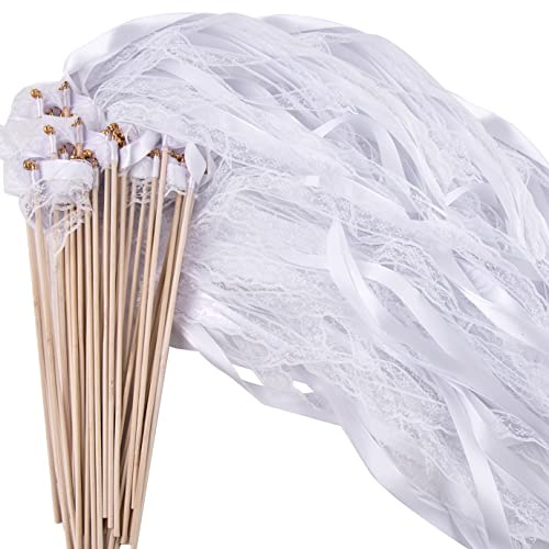 QUACOWW 30 Stück Feenstäbe Ribbon Zauberstäbe Hochzeit Luftschlangen mit Glocken, Zauberstäbe mit Schleifen Glocken, Spitzenfeenstab Seidenfeenstab für Hochzeit, Weihnachten, Geburtstag, Party