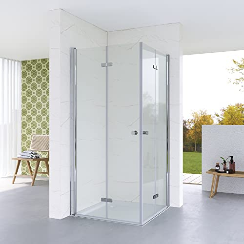 Duschkabine Eckeinstieg Falttür 90x75 x 187 cm Eckdusche Falttüren Begehbare Dusche Duschabtrennung Ecke Bodengleich Barrierefreie Duschwand Glas faltbar klappbar rahmenlos 5 mm Echtglas ESG klar