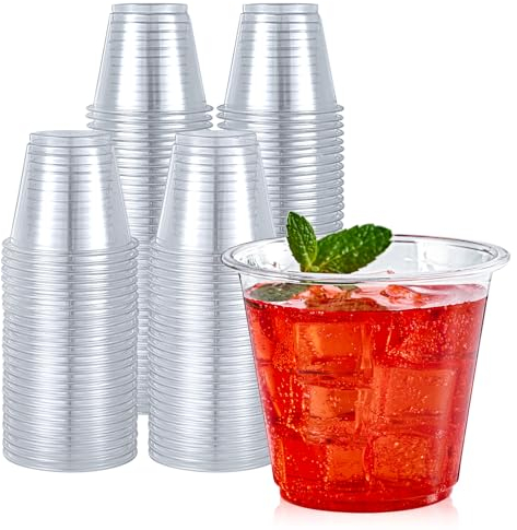 Turbo Bee 100 Pack 9oz Clear Plastic Cups,Disposable Crystal Drinking Cups,PET Plastic Party Cups for Wine,Juice,Iced Coffee and Cold Drinks