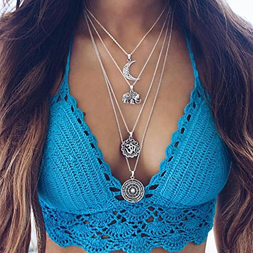 Inateannal Mehrschichtige Lange Halskette Vintage Boho Mond Elefant Anhänger Halskette Geschichtet Scheibe Aussage Halskette Schlüsselbein Kette Schmuck Für Frauen Und Mädchen