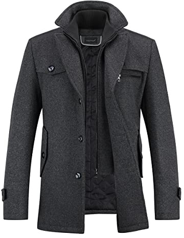 YOUTHUP Mens Winter Wool Trench Coat Hip-Length Thick Padded Peacoat