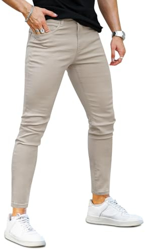 GINGTTO Jeans Skinny Uomo Slim Fit Super Stretch Denim Pantaloni Elasticizzati Casual Muscoli Skinny Fit Jean Beige 34W/30L