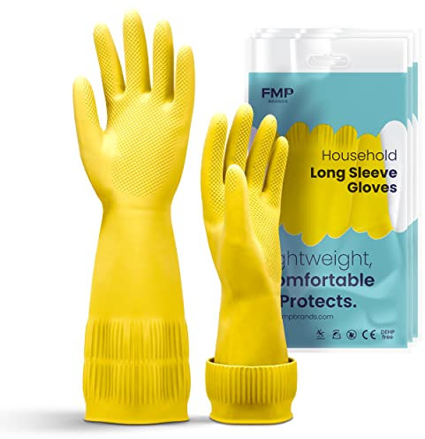 FMP Brands Yellow Large 15 Inch Extra Long Rubber Dishwashing Gloves, 3 Pairs, Non-Slip Design, Soft & Comfortable, Durable & Multi-Purpose