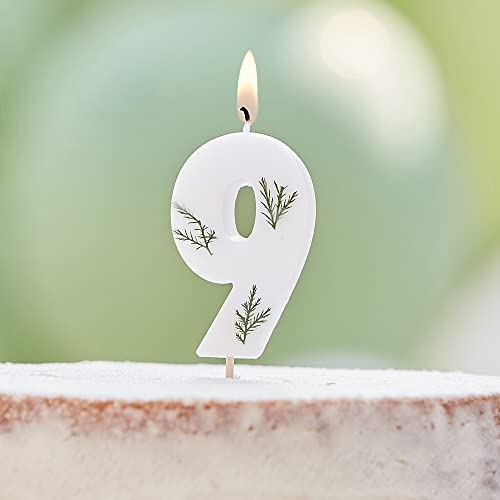 Miss Lovely Geburtstags-Kerze Zahl 9 Kuchen-Stecker Torten-Aufsatz inklusive Halterung im Botanical Style in weiß & grün Geburtstagsdekoration für Kuchen & Torten Gebäck-Deko Altersangabe