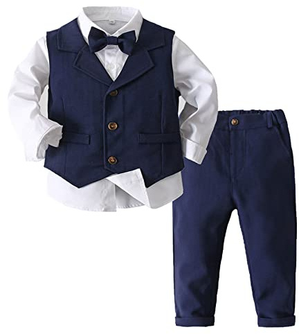 Oyolan Jungen Gentleman Smoking Anzug Hemd + Hosen + Weste + Fliege Sets Langarm 4tlg Babykleidung für Festlich Taufe Hochzeit Navy Blau 92-98