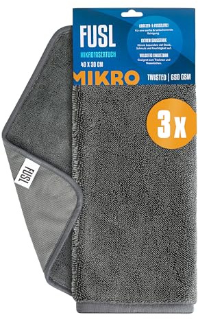 FUSL Mikrofasertücher 30x40cm - streifenfrei und fusselfrei - Mikrofaser Autopflege, Poliertuch Auto, Mikrofaser Putztuch, Auto Tuch - saugstark mit 650GSM - 3 Stück