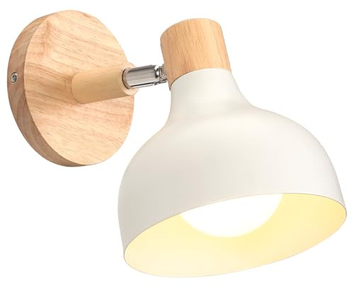 iDEGU Wandlampe Retro E27 Wandleuchte Moderne aus Holz Metall im Skandinavischen Stil Lampenschirm Tropfenförmig Verstellbare Wandspot Vintage Lampe für Schlafzimmer Wohnzimmer (Mattes Weiß, 1 Stück)