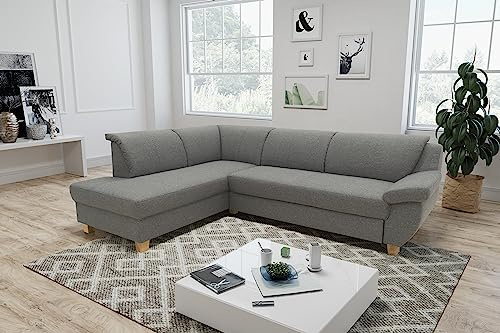 DOMO. collection Ecksofa Panama, Schlaffunktion, dunkelgrau | Ottomane links mit Schlaffunktion, gepolsterten Armlehnen und Holzfuß, 254 x 186 x 80 cm (BxTxH)