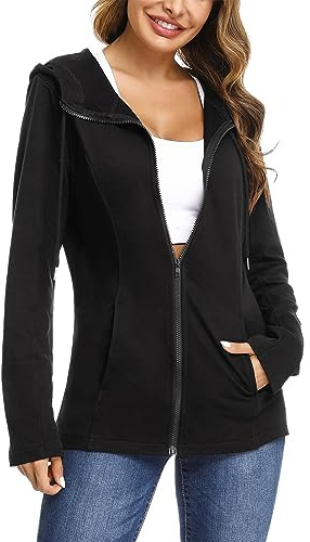 Aottori Felpa Donna con Cappuccio e Zip Giacca Sportiva Leggero Hoodie Cotone Manica Lunga Sweatshirt Aperto con Tasche e Cerniera Felpe Casual Classico Primavera Autunno Nero M