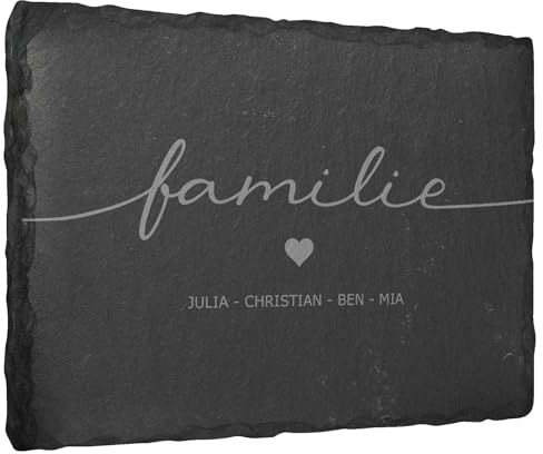 Gravierte Deko Schiefertafel ''Familie'' personalisiert mit Vornamen - 20x15 cm - Laser Gravur auf Natur-Schiefer - auswählbare Befestigungsoptionen - Schieferplatte Haustür Türschild Familienschild