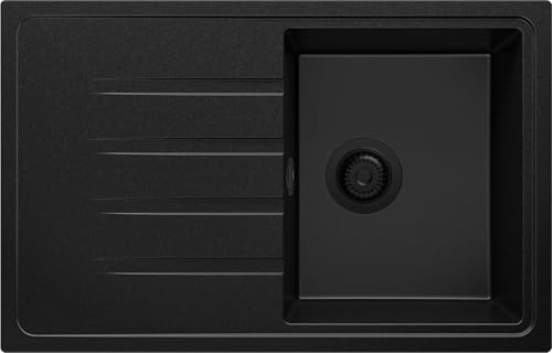 PRIMAGRAN Fregadero Cocina Todo Negro 78x50cm, Granito 1 Seno + Sifón, Sobre encimera al mueble 45cm - Milano S007