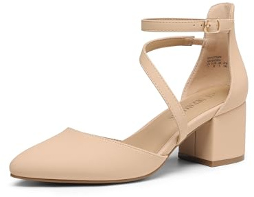 DREAM PAIRS Women's Closed Pointed Toe Low Chunky Heels Pumps Ankle Strap Wedding Business Dressy Shoes SDPU2354W,Size 6.5,Nude-Nubuck,SDPU2354W