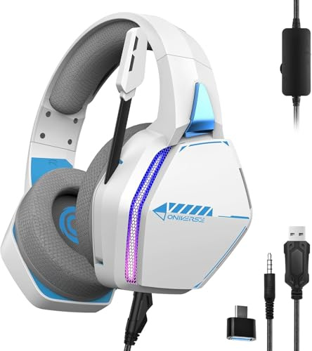 Oniverse Gaming-Headset kompatibel mit PS5 PS4 Switch Xbox PC Mac mit verstellbarem Mikrofon, LED, 50mm Lautsprechern, atmungsaktiven Stoff-Ohrpolstern - Nebula Arktisch White