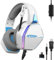 Oniverse - Cascos gaming PS5 PS4 Xbox Switch PC Mac con micrófono ajustable, LED, altavoces de 50 mm, almohadillas de tela transpirable, auriculares estéreo con cable Nebula (Arctic White/Blanco)