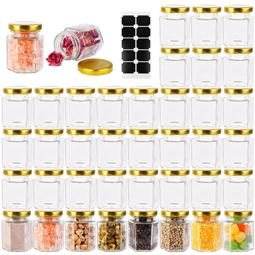 GIVAMEIHF Small Glass Honey Jars with Lids 3oz,40 pack Airtight Canning Jars with Gold Lids,Hexagon Glass Jars for Spice,Jam,Foods,Liquid,Baby Shower Favors,Wedding Favors,40 Labels