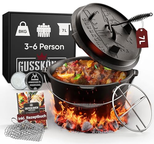 GUSSKÖNIG Essential Line Dutch Oven Set [für 3–6 Personen] – 5,5L Topf & 1,5L Deckel, eingebrannter Feuertopf ohne Füßen, inkl. Deckelheber, Ringreiniger, Pflegepaste & Rezeptbuch – 30 Jahre Garantie