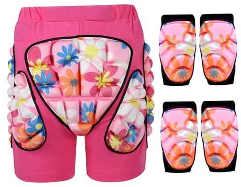 Naisicatar Kid Snowboard Protective Gear, Impact Shorts with Knee & Elbow Pads, EVA Padded, Thick Ripple, Pink, for Kids Ski & Snowboarding