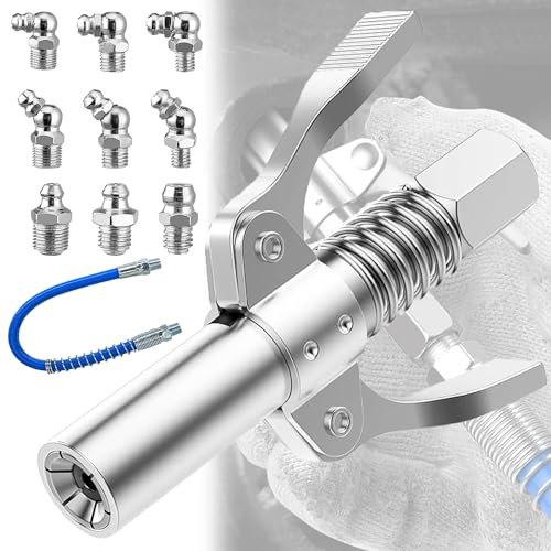 Mikqky Verriegelungszange Fettpresse Kupplung, Doppelgriff Fettpresse Kupplung, g Coupler Für Fettpresse 1/8 Npt, Mit 30Cm Schlauch Und 9 Schmiernippel, Fettpresse Kupplung Für Alle Arten(Silber)