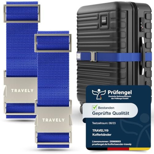 TRAVELY Premium Koffergurt mit Metallschnalle [2er Set]- Besonders Edel & Auffällig - sehr robust I inklusive Namensschild - Passend für Handgepäck bis Übergröße, Kofferband Gurt, kofferband