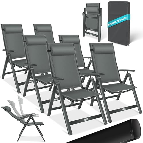 KESSER® Trädgårdsstol högt ryggstöd med armstöd uppsättning om 6 fällstol i aluminium med kudde och skydd campingstol 7-vägs justerbart ryggstöd andas väderbeständigt vikbart halkskydd, antracit