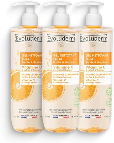 EVOLUDERM – Gel Nettoyant Éclat Vitamine C – 500 ml – 97% d’Origine Naturelle – Végan – Fabrication Française – Lot de 3 x 500 ml