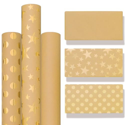 Zindoo Geschenkpapier Weihnachten Rolle, 3 Rollen Kraftpapier 43x300cm, Gold mit Sternen, Punkten & Uni Muster – Glänzendes Geschenkpapier für Weihnachten, Geburtstag & Hochzeit