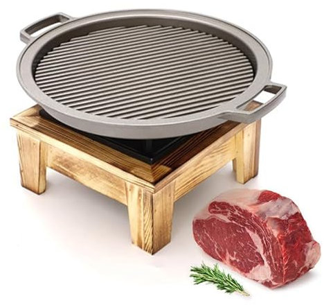 Yiustldd Japanischer Tischgrill, Holzkohlegrill für den Haushalt mit Holzsockel für Yakiniku, Yakitori, Takoyaki und BBQ/Quadrat,Round