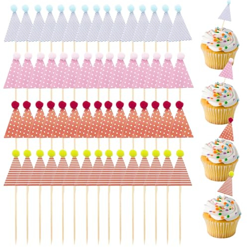 60PCS Hat Cupcakes Toppers, Colourful Cake Decorations Pom Poms Cake Topper Birthday Cupcake Toppers Party Decor Supplies for Birthday, Wedding, Anniversary, Graduation