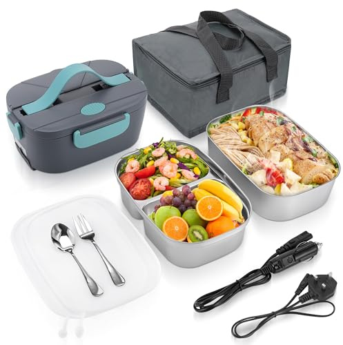 Kssvzz 80W Heated Lunch Box for Adults 12V/24V/110-240V, Electric Lunch Box Food Heater with Combi 2x1.5L Stainless Steel Food Containers, Incl. Cutlery, Insulated Bag for Car, Truck, Office