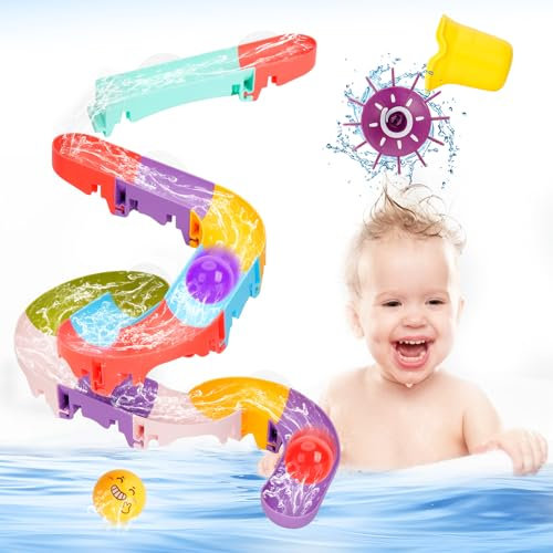 Jouet Bain pour 2 3 4 5 6 Ans, Jeux de Bain, Jouet de Baignoire avec Piste de Construction de Toboggan Aquatique, 28 pcs Piste à Billes Jeux de Bain, Jouet Bain de Douche et de Natation pour Enfant