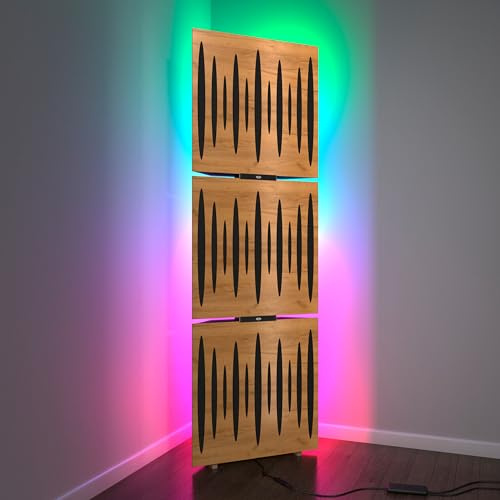 3er-Pack – Akustik-Bassfallen „PULSE“ mit Stehlampe | Mobiler Akustik-Eckständer mit LED-RGB-Hintergrundbeleuchtung | 150x50x10cm | Schallabsorption & Diffusion | Plattenfarbe: Eiche