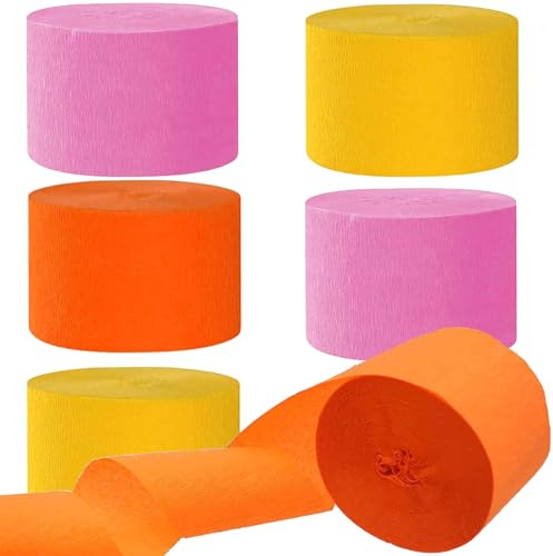 6 Rollen Orange Rosa Gelb Krepppapier, Kreppbänder, Krepppapier Luftschlangen Dekoration，für Geburtstag Babydusche Hochzeitsfeier Dekorationen(4.5 cm x 25 m)