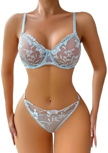 Sujetador Copa Abierta Sexy Conjunto de Sujetador y Bragas Sexy de Encaje de lencería Sexy de 2 Piezas Cumple Novia (Blue, L)