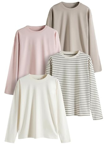 THE SET Damen t Relaxed Fit Langarmshirts, 4er-Pack Taupe Braun/Creme/Pink/Schwarz/Creme gestreift M