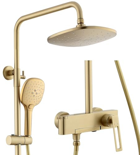 WRKMH Duschsystem Gold, Duscharmatur Komplettset 3 Funktional Duschgarnitur mit Regendusche, Duschamaturenset Regendusche Wandmontage Duschset mit Armatur, 3 Funktional Handbrause