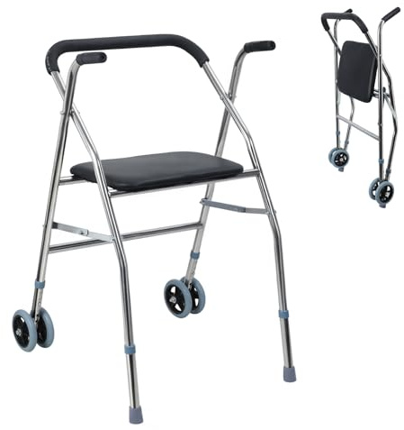 Makamsui Andadores plegables ligeros para adultos, personas mayores, ancianos, espacios pequeños, caminadores estrechos, caminador plegable de viaje, andador plegable con ruedas, color plateado
