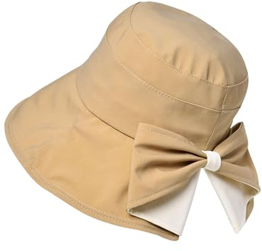 Andiker Sombrero de sol para mujer, ala ancha transpirable para mujer, sombreros de cubo con bonito diseño de lazo, plegable, protección solar UV, sombreros de sol para exteriores, caqui, M