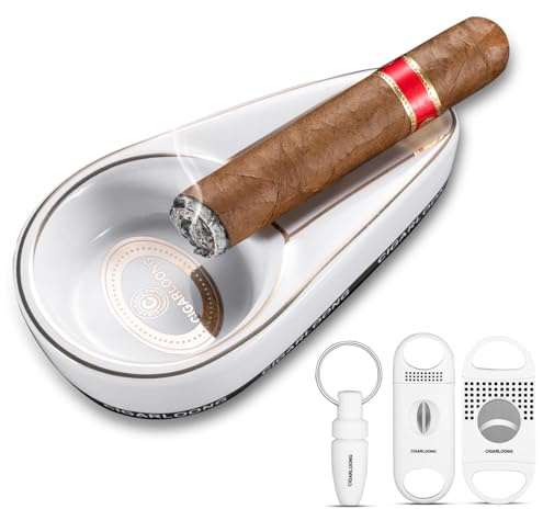 Cenicero para cigarros de cerámica con cortador de cigarros en V, guillotina de doble hoja y broca afilada, cenicero irrompible para exteriores e interiores (blanco)
