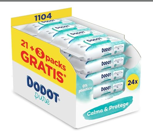 Dodot Pure Toallitas para Bebé,calma y protege con Aloe Vera para la piel sensible de tu bebé, 1104 Unidades (24 Packs x 46), 99% Agua, Sin Alcohol, Sin Plástico