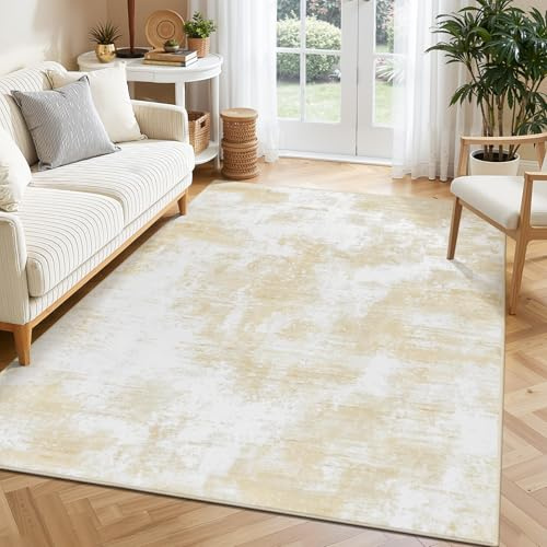 SHACOS Tappeto Salotto 120x170cm, Pelo Corto Astratto Tappeto Morbido Camera da Letto Antiscivolo e Lavabile Tappeti Moderni Soggiorno Tappeti di Zona per Salotto Cameretta Bambino, Beige