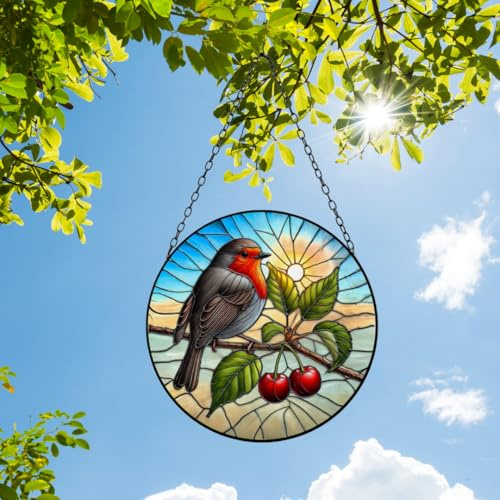 Stained Glass Suncatcher Robin Hanging Round Orbit Garden Decoration, 48cm x 23cm