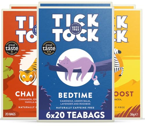 Tick Tock Herbal Tea Wellbeing Selection Box | Gift Set |Bedtime, Chai Relax, Ginger Boost |Naturally Caffeine Free Biodegradable Teabags | Pack of 6 x 20 Tea Bags (120 Teabags)