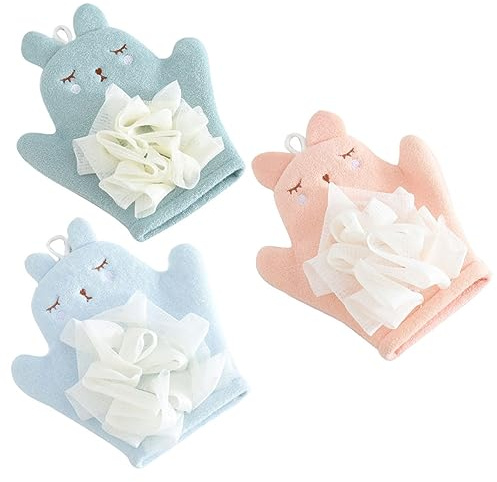 MOTHNUR 3 pièces de Bain Garçon Fille Doux et Exfoliants Microfibre Colorés Bleu Orange Vert Menthe Légers et Portables pour Soin Corporel Infantile