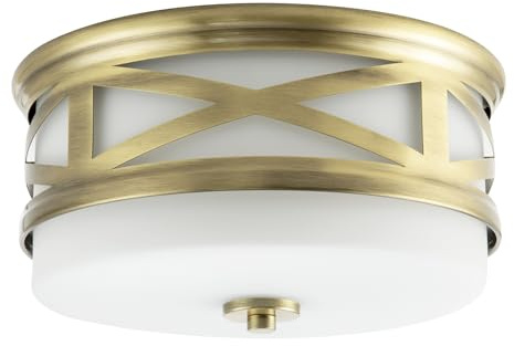 Happy Homewares Vintage Classic Bathroom Flush Ceiling Light Fitting in Antique Brass with Opal White Glass Shade | 15cm x 29cm | Metal Strap Unique Design