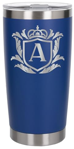 Customised Gifts 500ml Engraved Shield Initial Monogram Insulated Personalised Dark Blue Travel Mug for Men and Women - Personalised Initial Coffee Travel Mug for Hot and Cold Beverages, Letter A