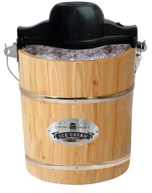 Máquina eléctrica de helado de 4 cuartos con cubo de madera, incluye manivela para postres congelados de estilo vintage